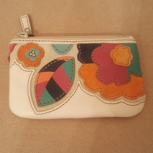 SOLD!! FOSSIL Floral Leather & Suede Coin Purse - Picture 1 of 4